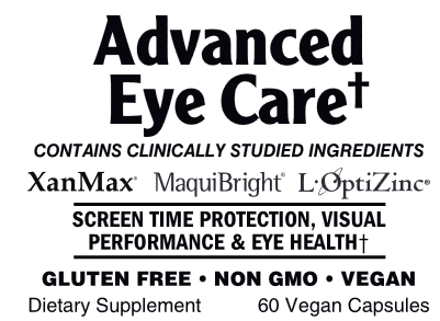 Packaging label for Advanced Eye Care dietary supplement, highlighting ingredients such as Vitamin A, Vitamin C, beta-carotene, zinc, lutein, and zeaxanthin, and indicating the product is gluten-free, non-GMO, and vegan.