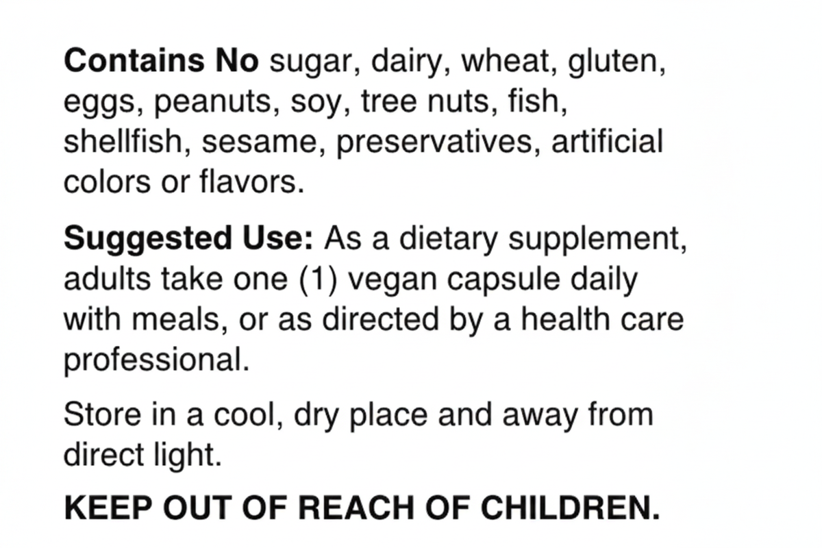 Alpha Lipoic Acid 600 mg Suggested Use panel with directions, storage instructions, and child safety warning