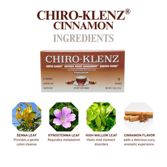 Product packaging for Chiro-Klenz Cinnamon with ingredient images and text.