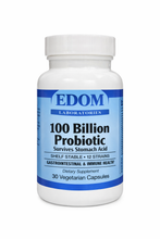 EDOM LABORATORIES 100 Billion Probiotic dietary supplement bottle with blue label, featuring 12 probiotic strains for gastrointestinal and immune health.