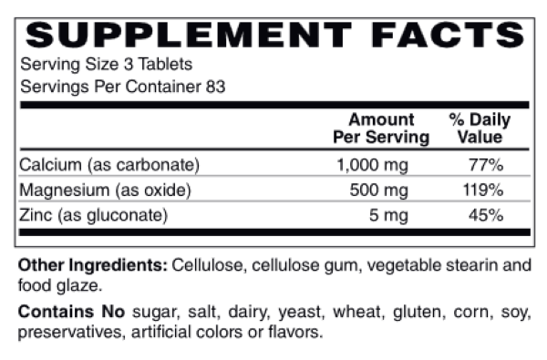 Supplement facts label for a product containing 1,000 mg of calcium, 500 mg of magnesium, and 50 mg of zinc, with no additional visible ingredients or branding.