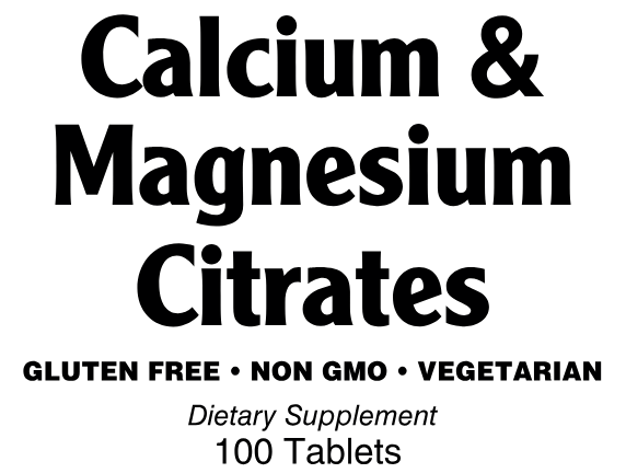 Dietary supplement label for Calcium & Magnesium Citrates on a white background