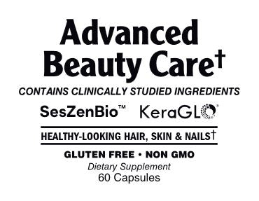 The image displays packaging for "Advanced Beauty Care", a dietary supplement aimed at supporting vibrant hair, radiant skin, and strong nails. The packaging is simple yet informative, featuring the product name prominently at the top.