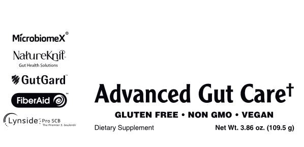 Packaging label for Advanced Gut Care dietary supplement, indicating gluten-free, non-GMO, and vegan attributes, with no visible product inside.