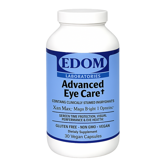 EDOM LABORATORIES Advanced Eye Care dietary supplement bottle with blue label featuring XanMax, MaquiBright, and L‑OptiZinc®, supports screen‑time protection, visual performance, and eye health