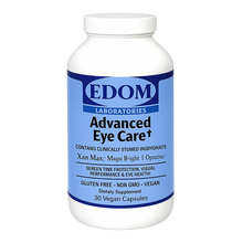 EDOM LABORATORIES Advanced Eye Care dietary supplement bottle with blue label featuring XanMax, MaquiBright, and L‑OptiZinc®, supports screen‑time protection, visual performance, and eye health