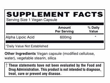 Edom Laboratories Alpha Lipoic Acid 600mg supplement facts panel – serving size, ingredients, and nutritional information for 60 vegan capsules