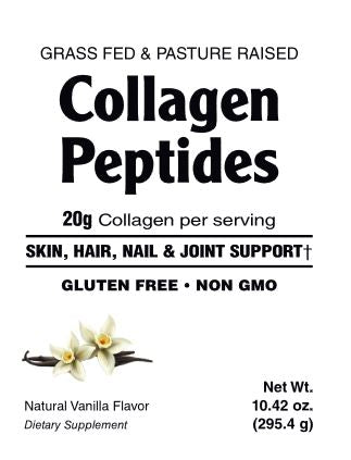 Packaging of Collagen Peptides Powder with vanilla flavor. The label states that it's grass-fed, pastured raised, gluten-free, non-GMO, and provides 20g of collagen per serving.