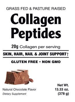 Packaging of Collagen Peptides Powder with a chocolate bar illustration, indicating the flavor, and text highlighting features such as grass-fed, non-GMO, gluten-free, and dairy-free.