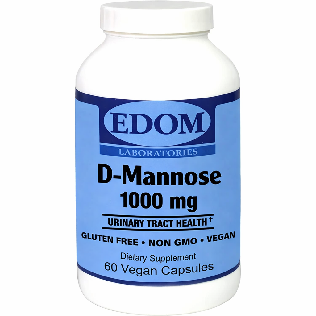 EDOM LABORATORIES D‑Mannose 1000 mg dietary supplement bottle with blue label for urinary tract health, 60 vegan capsules.