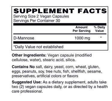 EDOM LABORATORIES D‑Mannose 1,000 mg supplement facts panel showing ingredients and dosage information