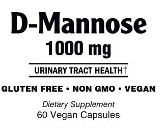 A package of D-Mannose 1000 mg dietary supplement, with indications of being gluten-free, non-GMO, and vegan.