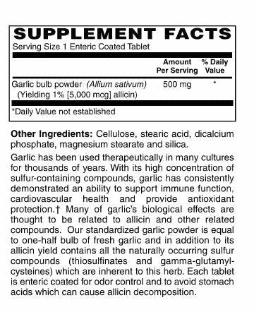 Garlic 500 mg Tablets Yeilding 5,000 mcg Allicin
