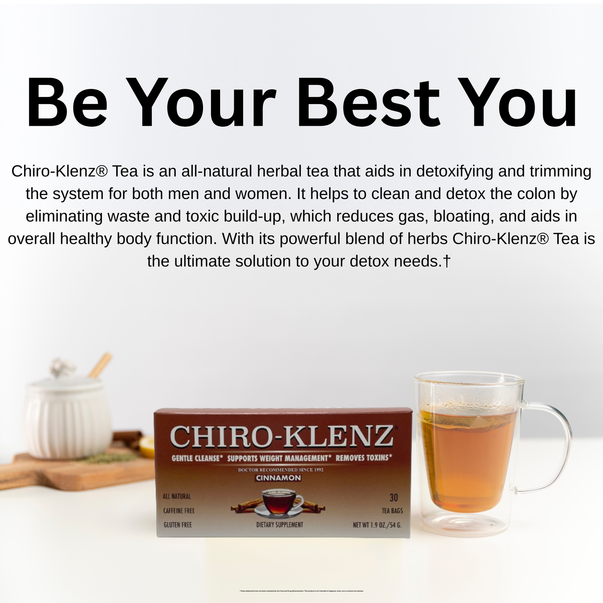 Box of Chiro-Klenz tea with a glass of tea and text about the product.