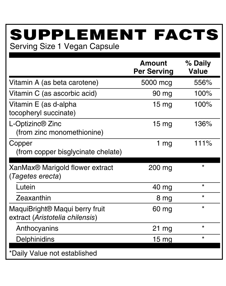 Advanced Eye Care Supplement Facts, serving size 1 vegan capsule