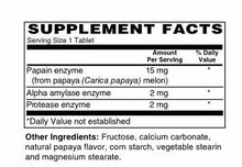 A supplement facts label for a tablet product, showing a black-and-white Supplement Facts panel with enzyme ingredients listed including papain, alpha amylase, and protease.