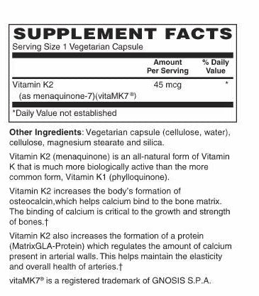Supplement facts label for Vitamin K2 in a vegetarian capsule format.