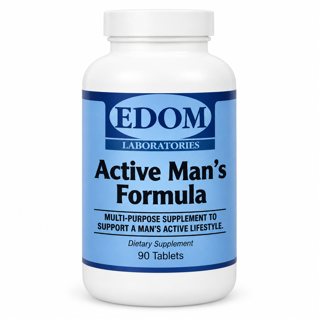 A white plastic bottle of EDOM Laboratories Active Man's Formula dietary supplement with a blue label, shown on a plain white background.