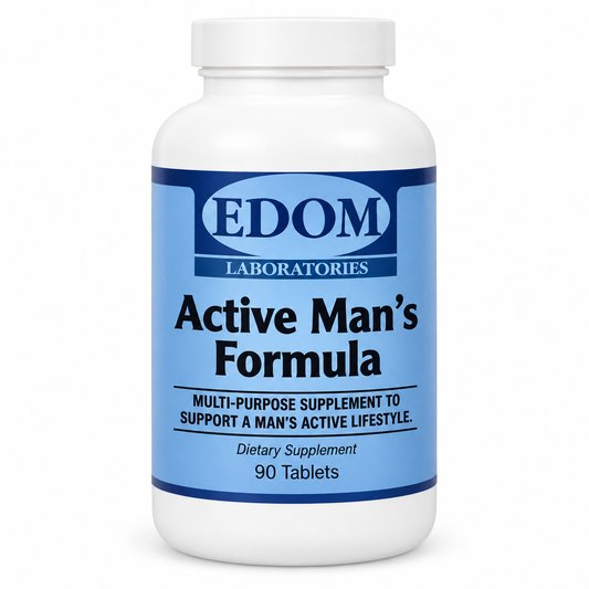 A white plastic bottle of EDOM Laboratories Active Man's Formula dietary supplement with a blue label, shown on a plain white background.