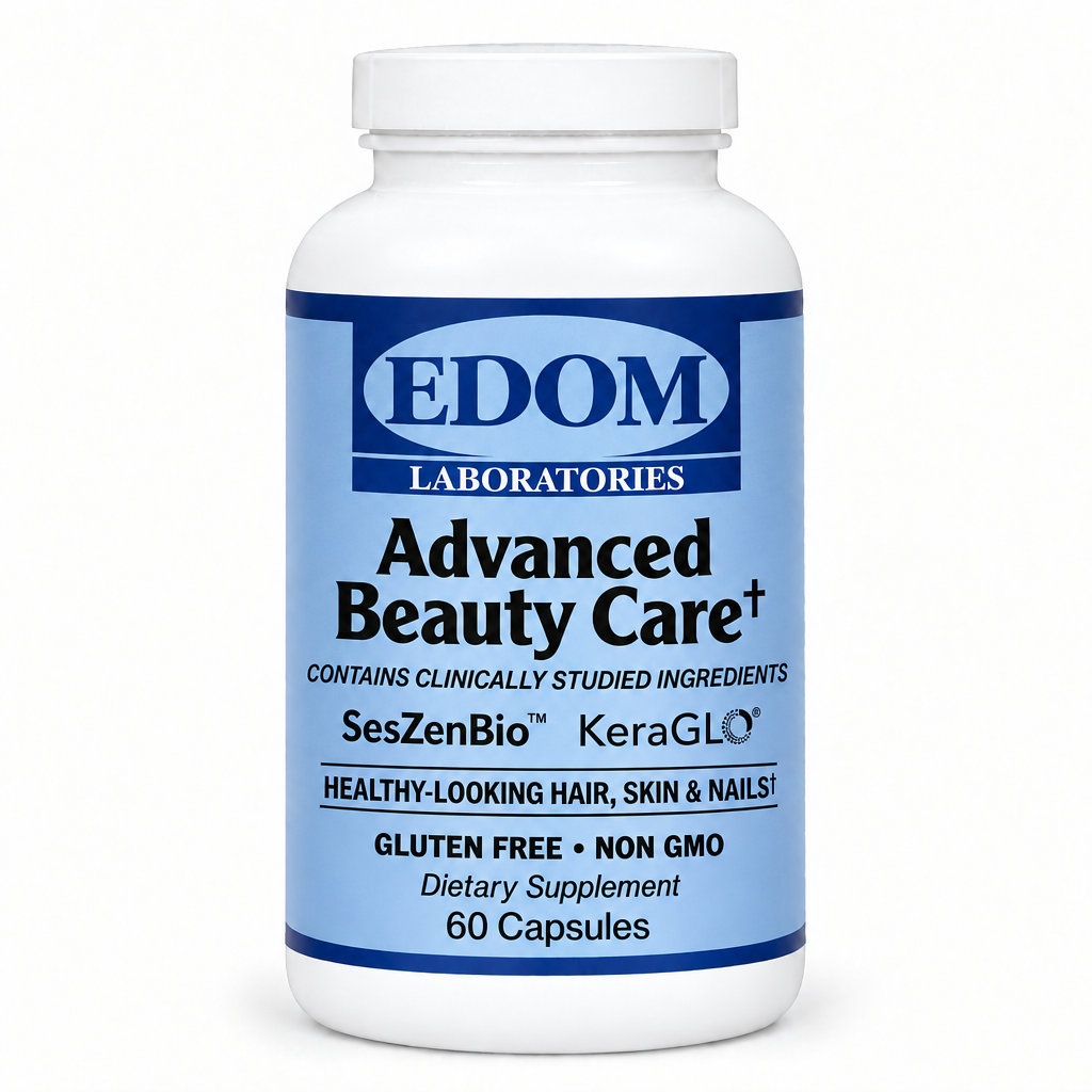 EDOM LABORATORIES Advanced Beauty Care dietary supplement bottle with blue label containing SesZenBio™ and KeraGLO®, supports healthy hair, skin, and nails.