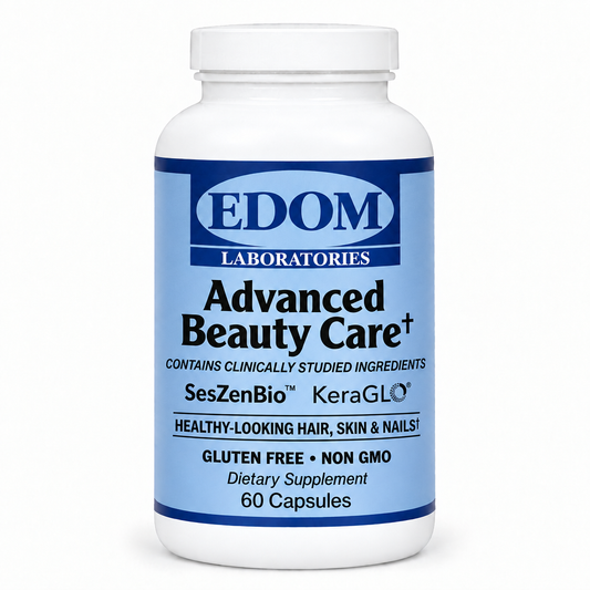 EDOM LABORATORIES Advanced Beauty Care dietary supplement bottle with blue label containing SesZenBio™ and KeraGLO®, supports healthy hair, skin, and nails.