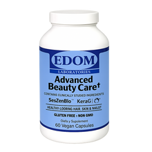 EDOM LABORATORIES Advanced Beauty Care dietary supplement bottle with blue label containing SesZenBio™ and KeraGLO®, supports healthy hair, skin, and nails.