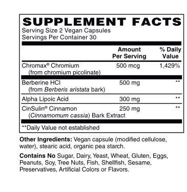 Advanced Blood Sugar Support supplement facts panel showing ingredients including Chromax, CinSulin, and Alpha Lipoic Acid