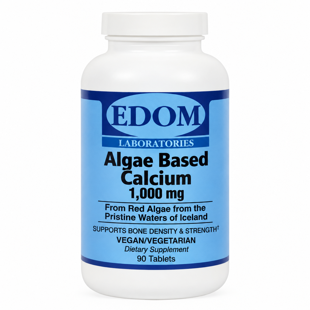 A bottle of EDOM Laboratories Algae Based Calcium 1,000 mg dietary supplement with information about the product on the label.