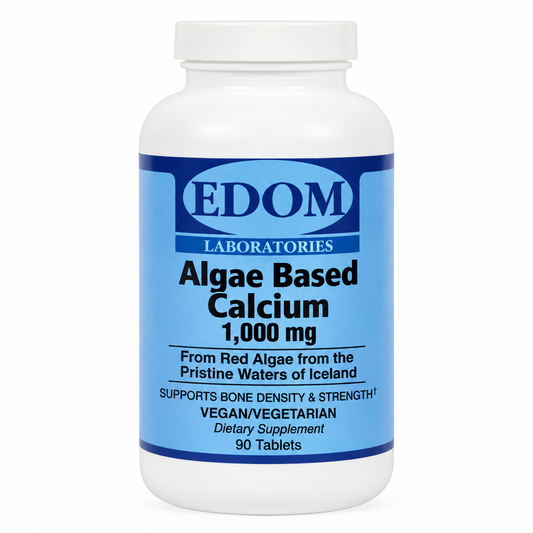 A bottle of EDOM Laboratories Algae Based Calcium 1,000 mg dietary supplement with information about the product on the label.