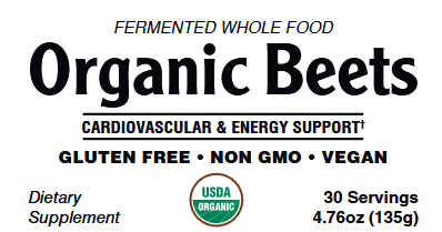 Label of Fermented Whole Food Organic Beets dietary supplement, highlighting gluten-free, non-GMO, and vegan attributes, with 30 servings and a weight of 4.76oz (135g).