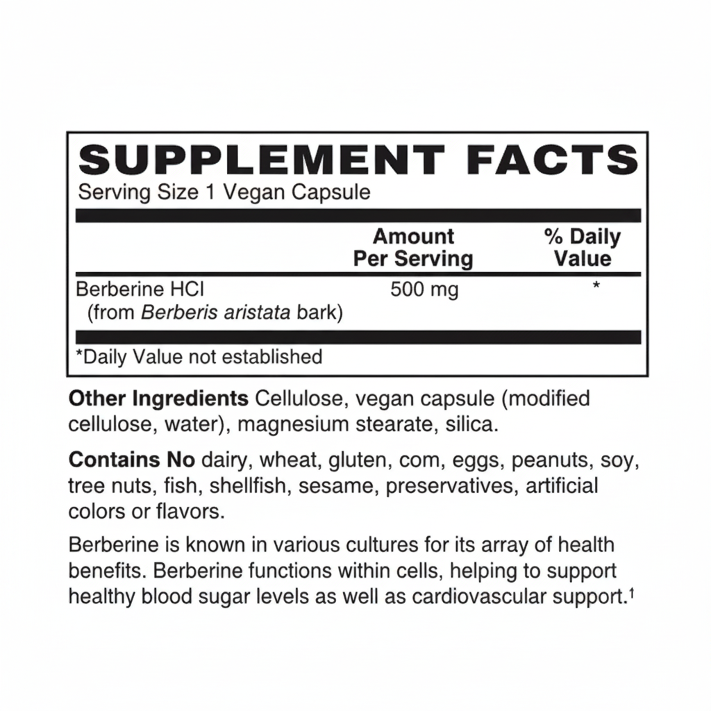 Berberine 500 mg Supplement Facts panel with serving size, Berberine HCl amount, Daily Value, other ingredients, and allergen information
