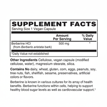 Berberine 500 mg Supplement Facts panel with serving size, Berberine HCl amount, Daily Value, other ingredients, and allergen information