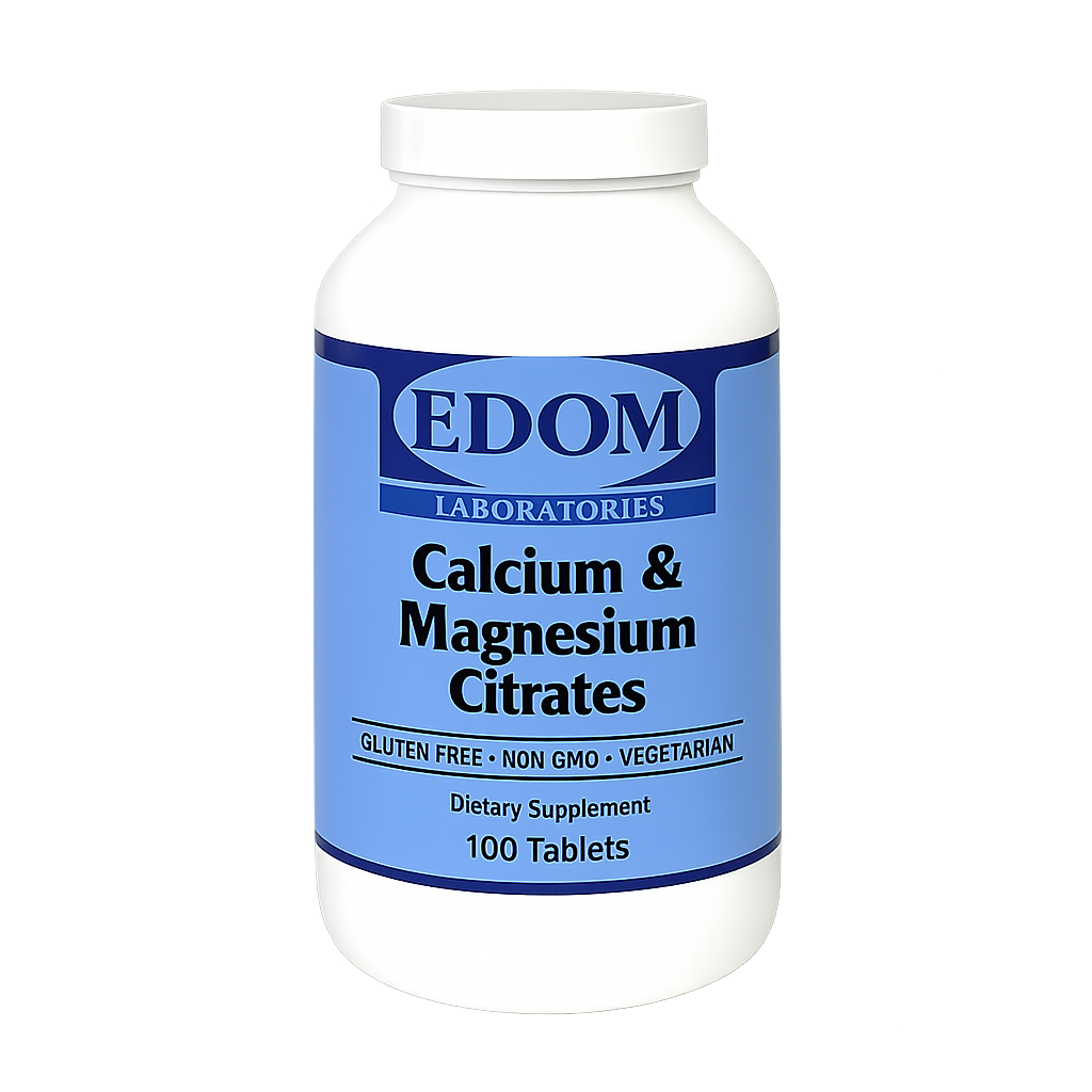 A white plastic bottle of EDOM LABORATORIES Calcium & Magnesium Citrates dietary supplement containing 100 tablets. The label is deep blue with white and black text showing “Calcium & Magnesium Citrates,” “GLUTEN FREE • NON GMO • VEGETARIAN,” and “Dietary Supplement