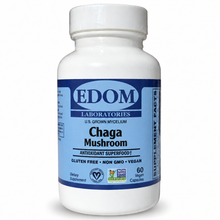 Edom Chaga Mushroom supplement bottle labeled “U.S. Grown Mycelium,” “Antioxidant Superfood,” “Gluten Free,” “Non-GMO,” and “Vegan,” with 60 vegan capsules, on a white background.
