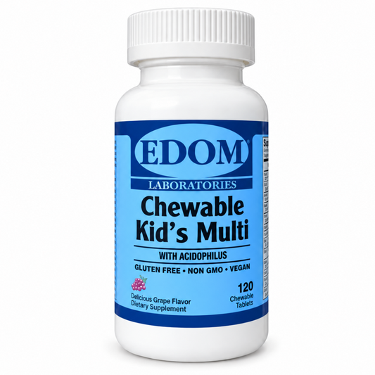 A bottle of EDOM Chewable Kid's Multi with Acidophilus in natural grape flavor, with vitamins and supplements designed for children.