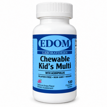 A bottle of EDOM Chewable Kid's Multi with Acidophilus in natural grape flavor, with vitamins and supplements designed for children.