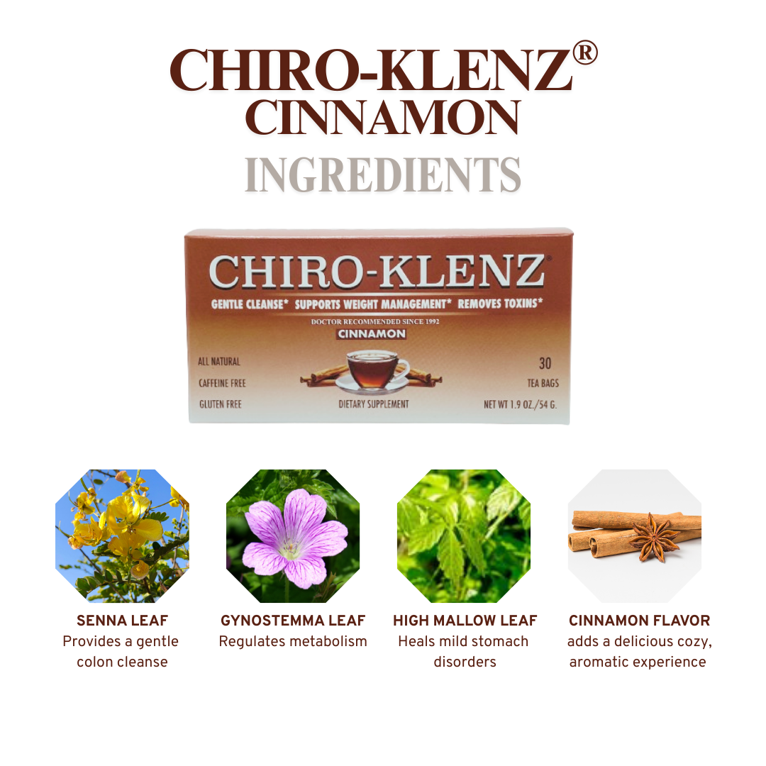 Product packaging for Chiro-Klenz Cinnamon with ingredient images and text.