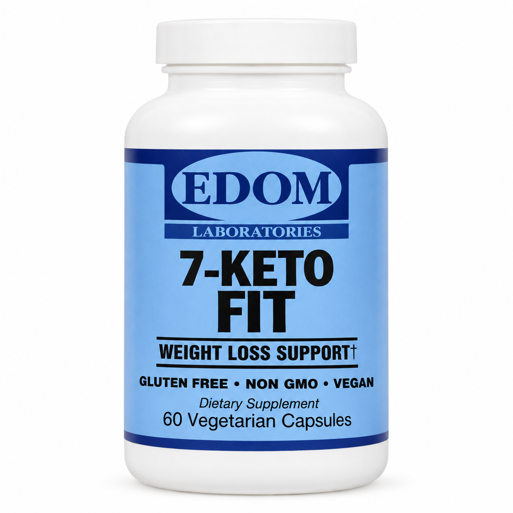 EDOM LABS 7‑Keto Fit dietary supplement bottle with blue clinical label, formulated to support healthy metabolism, energy, and weight management.