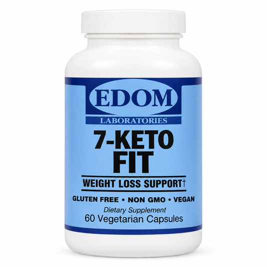 EDOM LABS 7‑Keto Fit dietary supplement bottle with blue clinical label, formulated to support healthy metabolism, energy, and weight management.