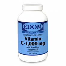 EDOM Laboratories Vitamin C 1,000 mg sustained-release tablets with rose hips in a white bottle on a white background.