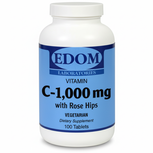 EDOM Laboratories Vitamin C 1,000 mg with Rose Hips vegetarian tablets bottle, 100 tablets, on a white background.