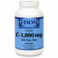 EDOM Laboratories Vitamin C 1,000 mg with Rose Hips vegetarian tablets bottle, 100 tablets, on a white background.