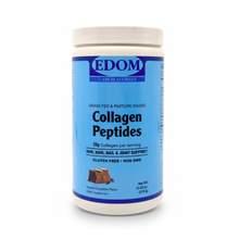 A container of EDOM Collagen Peptides with a label indicating Chocolate flavor, featuring the brand logo and product information.