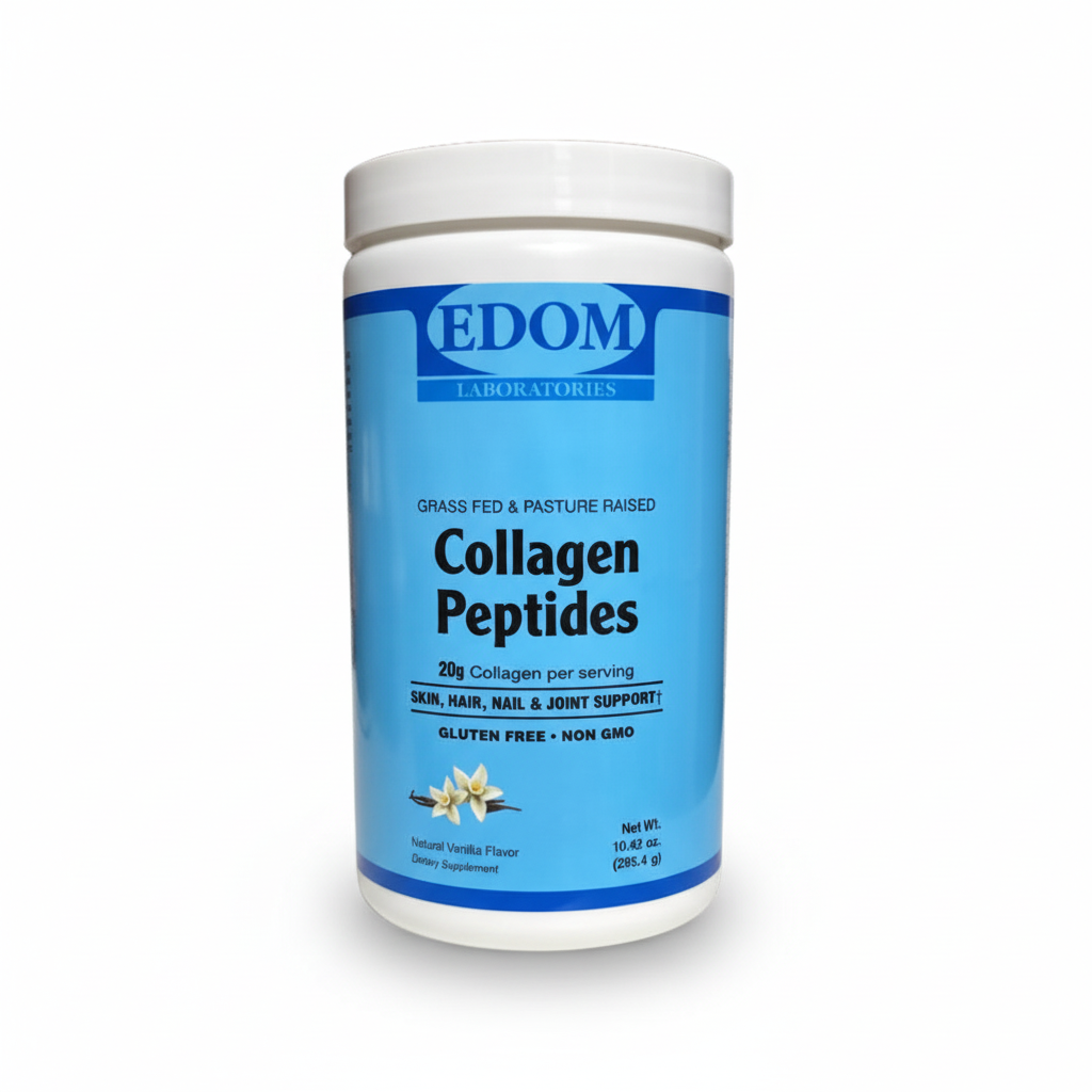 A container of EDOM Collagen Peptides with a blue label, indicating vanilla flavor, gluten-free, dairy-free, and non-GMO.