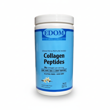 A container of EDOM Collagen Peptides with a blue label, indicating vanilla flavor, gluten-free, dairy-free, and non-GMO.