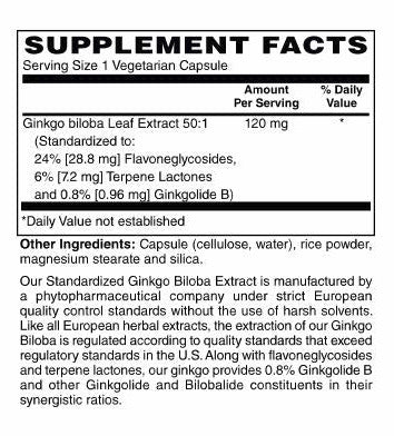 Ginkgo Biloba Extract 120 mg Vegetarian Capsules
