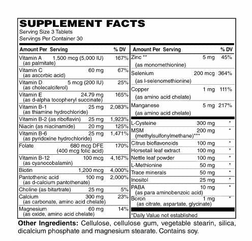Supplement facts label with detailed nutritional information on a white background