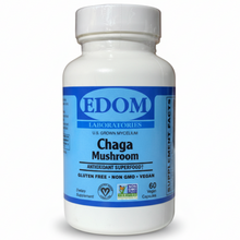 Edom Chaga Mushroom supplement bottle labeled “U.S. Grown Mycelium,” “Antioxidant Superfood,” “Gluten Free,” “Non-GMO,” and “Vegan,” with 60 vegan capsules, on a white background.