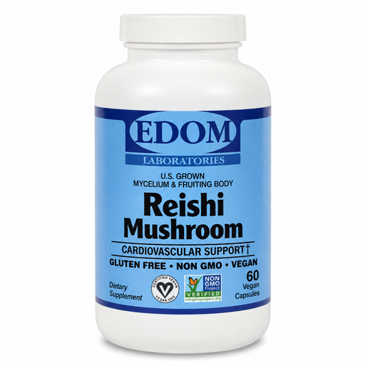 EDOM Laboratories Reishi Mushroom bottle with blue label reading U.S. Grown Mycelium and Fruiting Body, Cardiovascular Support, Gluten Free, Non GMO, Vegan, 60 vegan capsules, on a white background