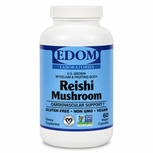 EDOM Laboratories Reishi Mushroom bottle with blue label reading U.S. Grown Mycelium and Fruiting Body, Cardiovascular Support, Gluten Free, Non GMO, Vegan, 60 vegan capsules, on a white background